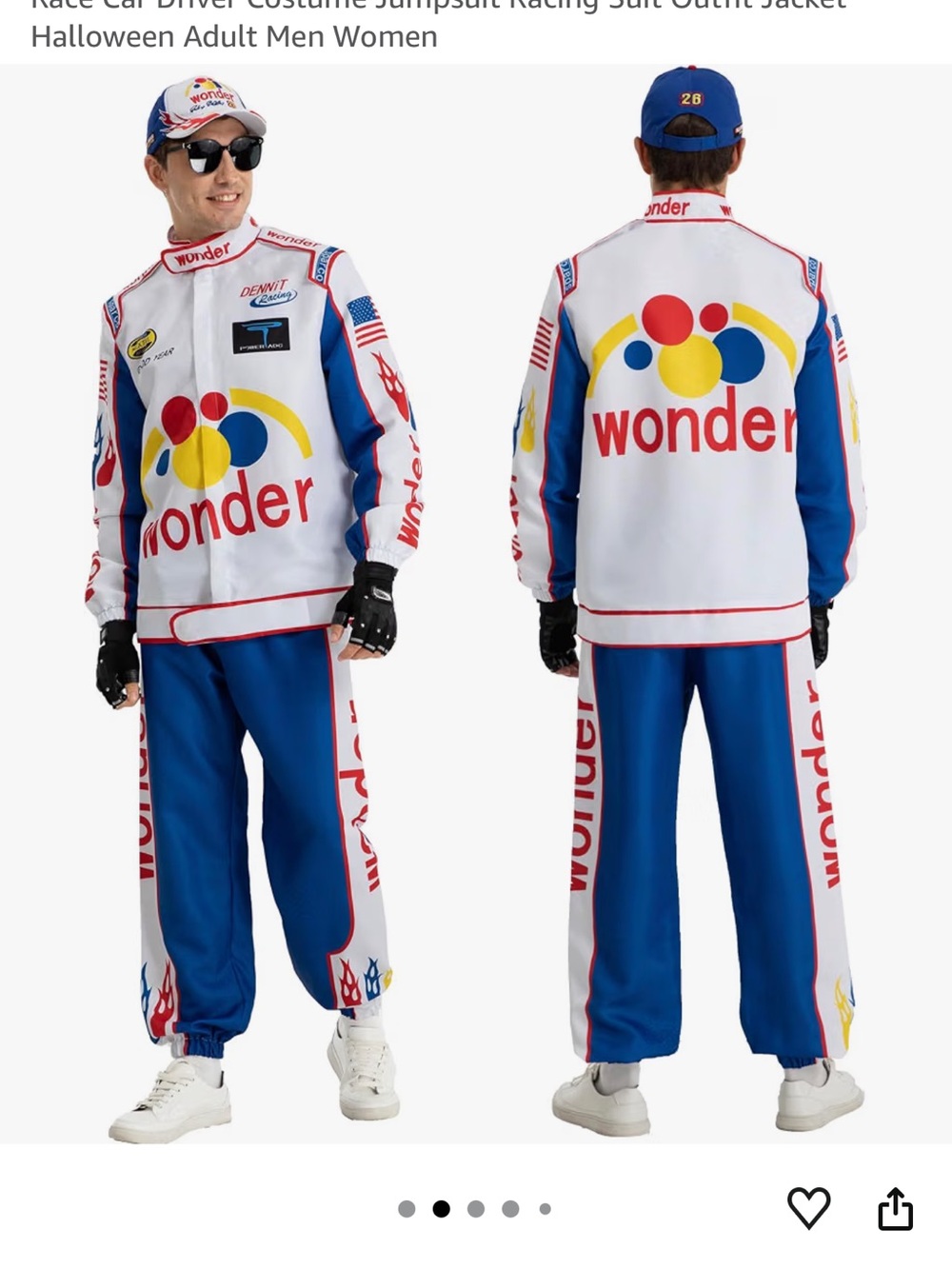 Ricky Bobby Racing Jumpsuit Costume - White, Blue, Red, Yellow - unisex XXL